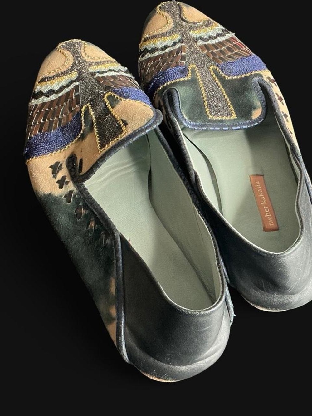Meher Kelalia Handcrafted Embroidered Green & Tan Women’s Slip-On Loafers - Picture 3 of 6